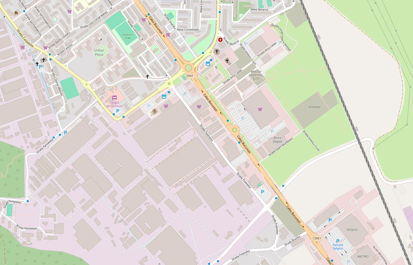 Hartă: Strada Poienelor, Brașov, între Calea București și zona industrială